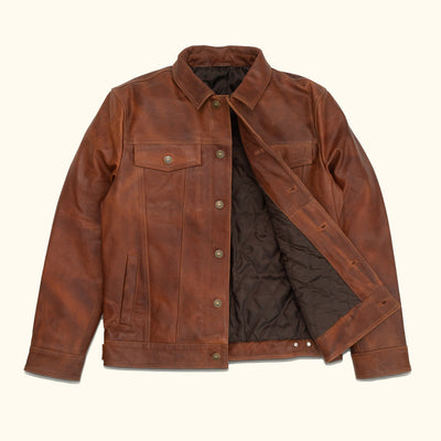 Mens brown leather trucker jacket driggs