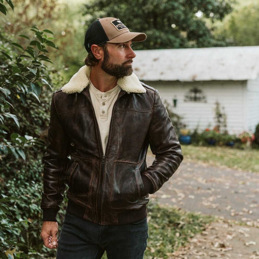 Worn and Vintage Leather Bomber Jacket | Brown