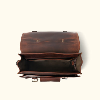 Top-down view of an open Men's Leather Briefcase Bag in Dark Oak, revealing its spacious, fully-lined interior and organizational pockets.