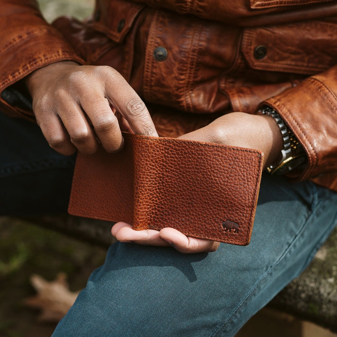 Rugged bison leather wallet hover