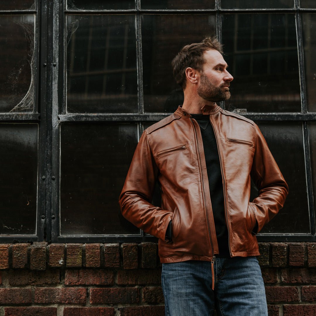 Man wearing leather Moto jacket