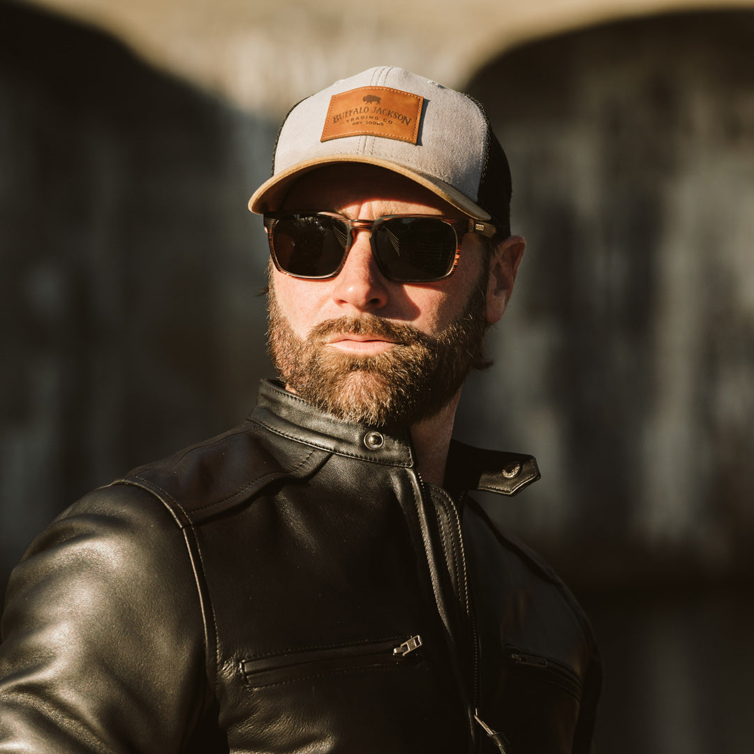 mens rugged leather patch trucker hat hover