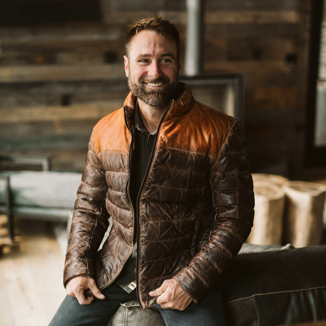 mens Bridger Leather Down Jacket | Tan & Brown