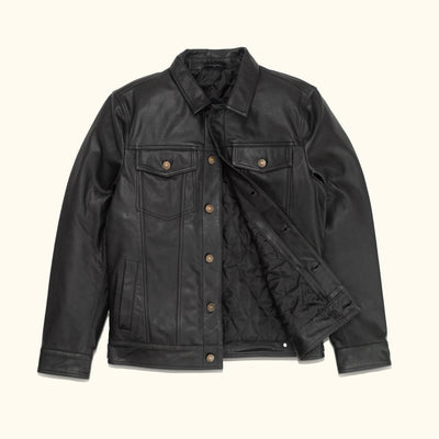 Mens black leather trucker jacket