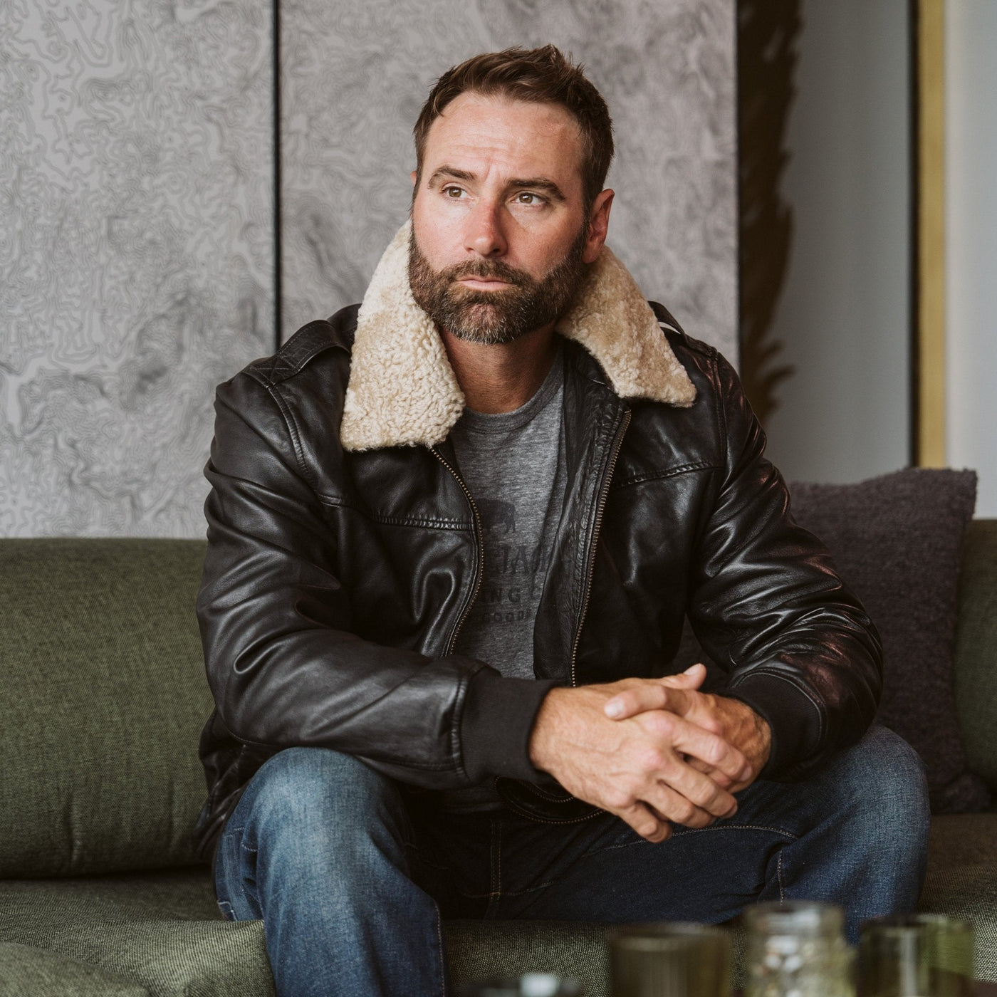 Man wearing the black Maverick leather jacket