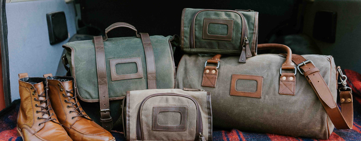 Waxed canvas and leather travel bags