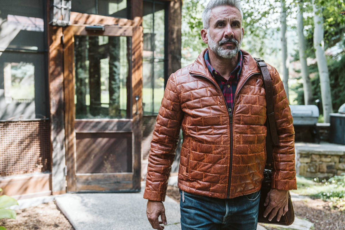 Teton Leather Light Down Jacket in Whiskey Brown, full-grain leather with lightweight down fill