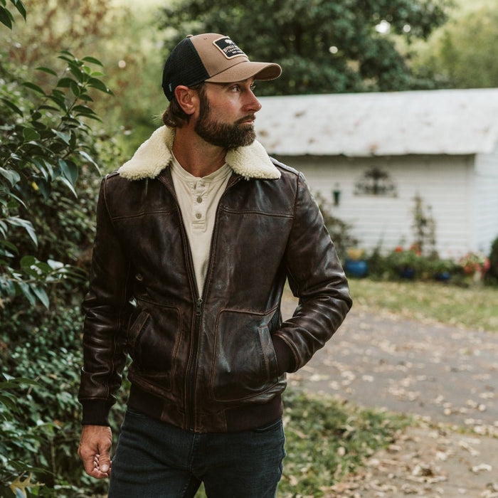Man wearing the Ranger distressed brown leather bomber jacket