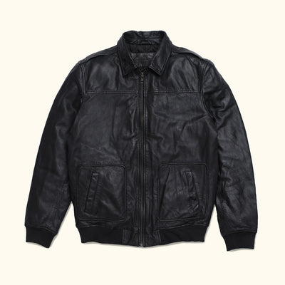 Men's Vintage Black Leather Jacket with Shirt Collar - Timeless Elegance