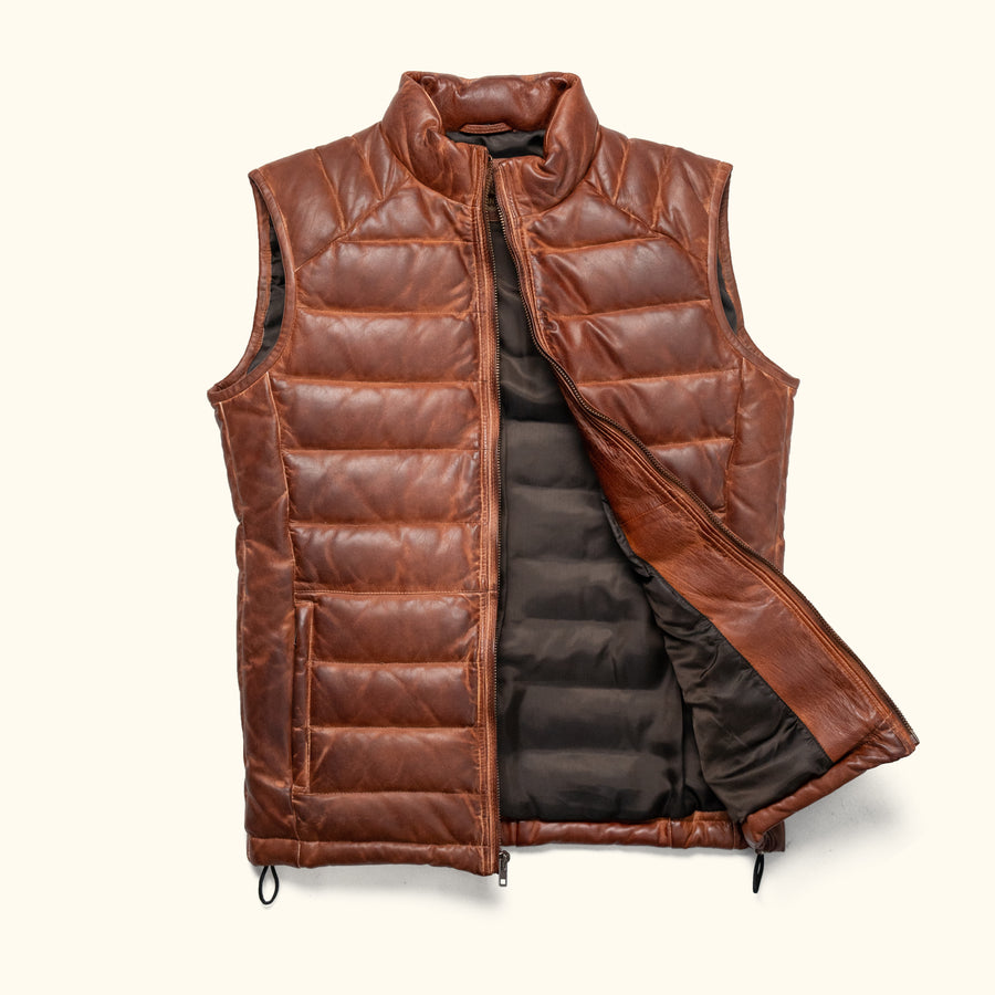 Men's Leather Down Vest | Light Brown