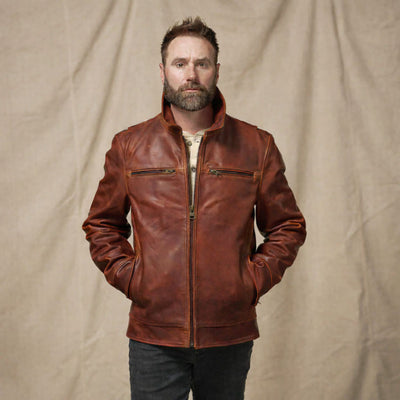 Motorcycle Leather Driving Jacket - Brown Cow Leather Full Grain