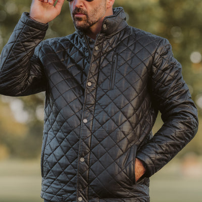 Featuring practical pockets and a secure zipper, the Highlands Quilted Leather Jacket combines functionality with a refined aesthetic.