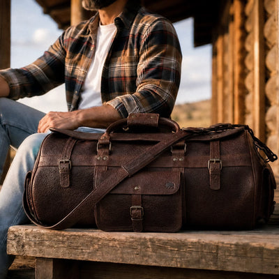 A man sits on a rustic wooden porch holding a large brown leather duffel bag. The man is wearing a brown and beige plaid flannel shirt, a white t-shirt, and blue jeans.