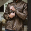 Men's Cow Leather Racer Jacket - Cafe