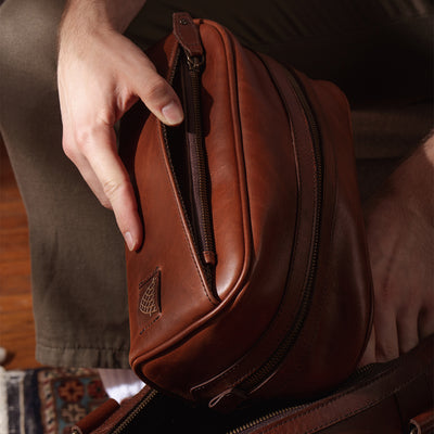 Modern Leather Dopp Kit being packed for trip