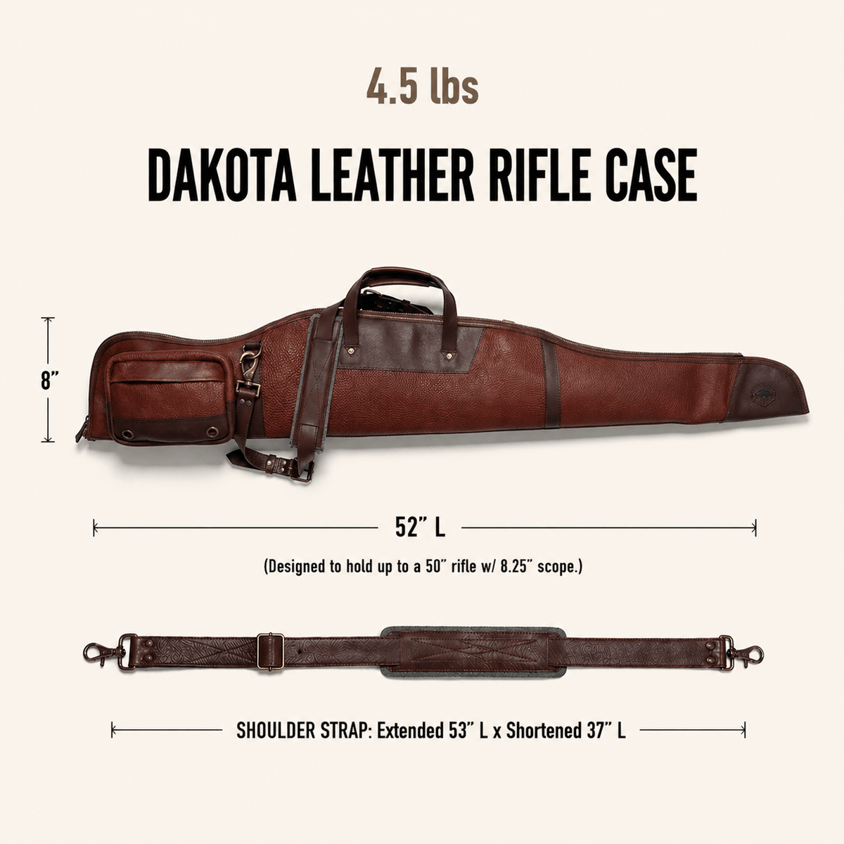Dimension diagram of the Dakota leather rifle case showing 52 inch length, 9.25 inch height, 4.5 pound weight, and a shoulder strap adjustable from 37 to 53 inches