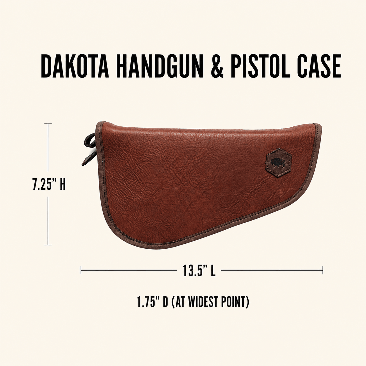 Dakota Handgun and Pistol Case dimensions: 13.5 inches long, 7.25 inches high, 1.75 inches deep at the widest point