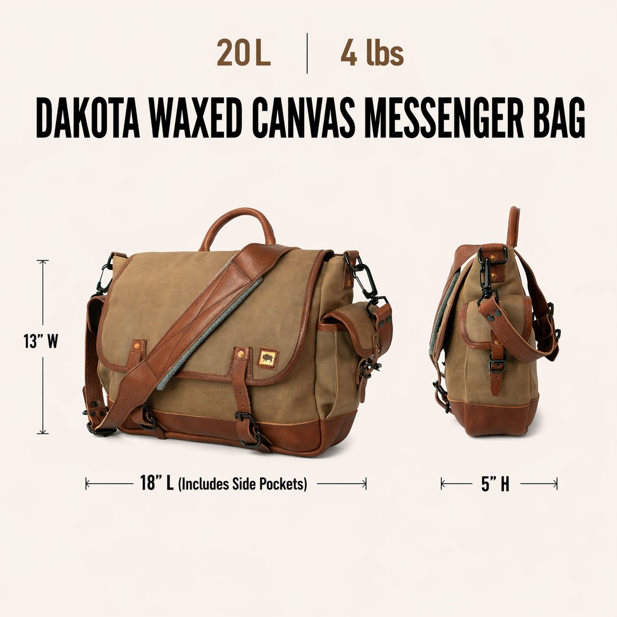 Dakota Waxed Canvas Messenger Bag | Field Khaki w/ Chestnut Brown Leather
