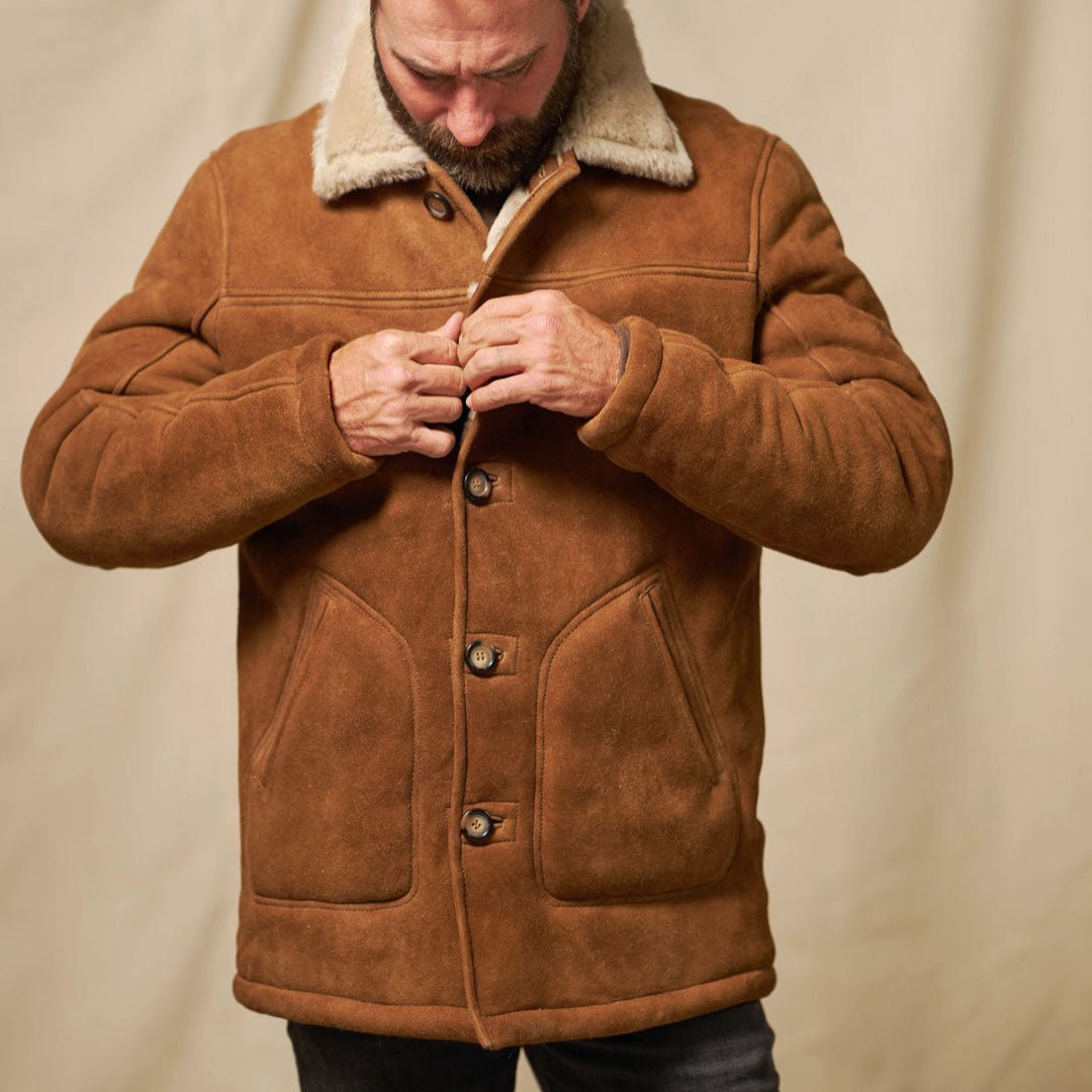 Durango shearling barn coat in saddle tan with oversized buttons