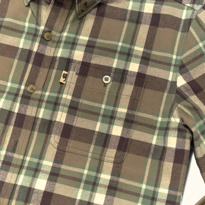 Single Open Pocket with Button - Flannel Brown Plaid Shirt