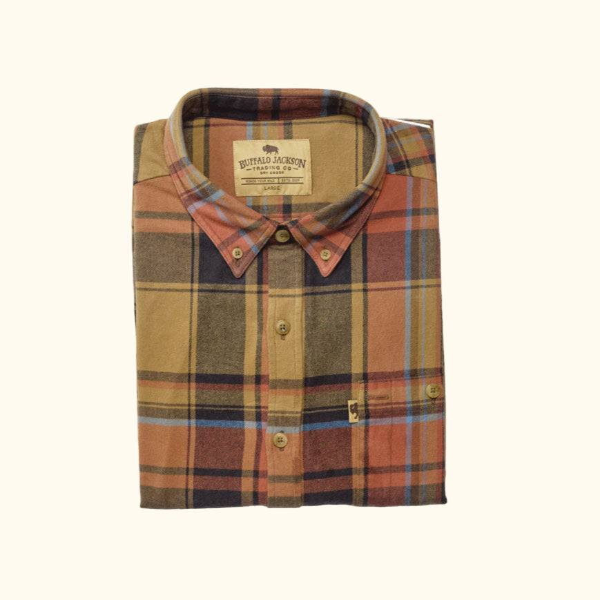 Fairbanks Flannel Shirt Canyon Timber laid flat to show muted browns, greens, and orange tones in plaid