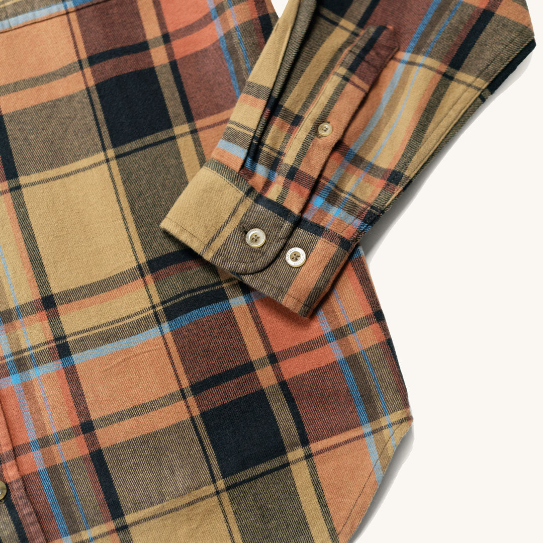 Detail image of sleeve cuff and buttons on Fairbanks Flannel Shirt Canyon Timber showing rugged construction
