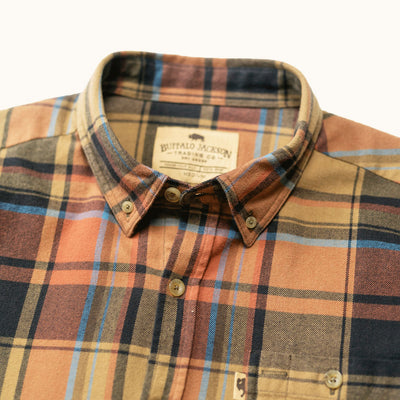 Collar stitching close-up on Fairbanks Flannel Shirt Canyon Timber Plaid with reinforced button-down points