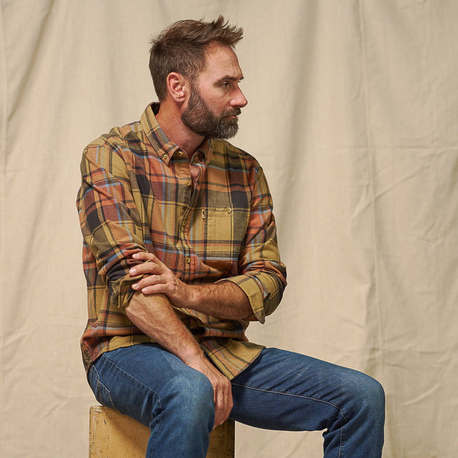 Fairbanks Flannel Shirt Canyon Timber Plaid front view – rugged midweight 100% cotton flannel with earth tone plaid pattern