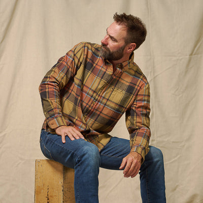 Side view of Fairbanks Flannel Shirt Canyon Timber Plaid highlighting button-down collar and cuff details