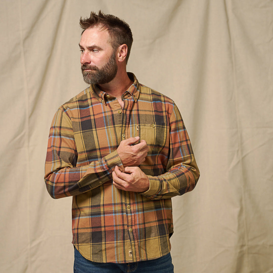 Detail image of sleeve cuff and buttons on Fairbanks Flannel Shirt Canyon Timber showing rugged construction