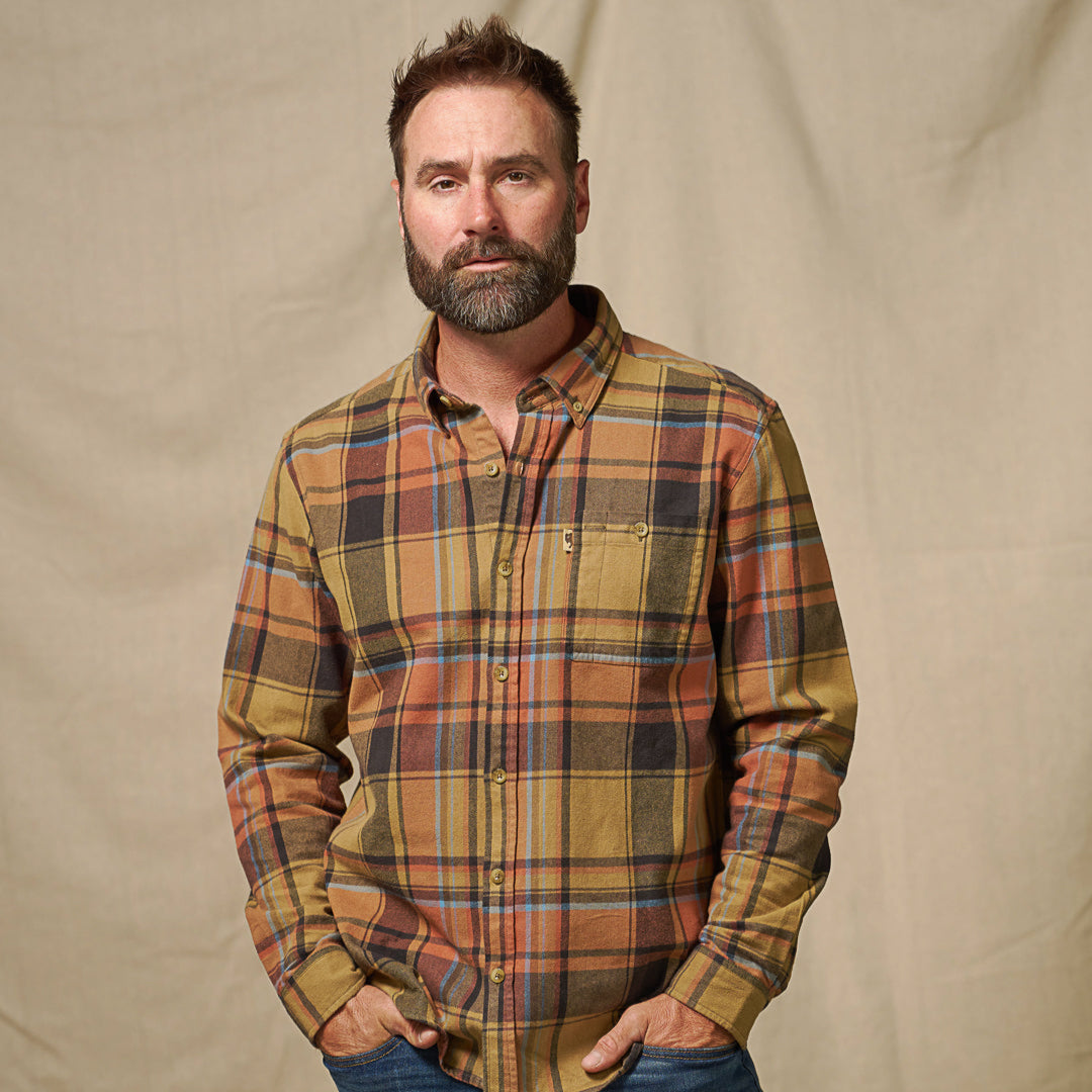 Styled photo of Fairbanks Flannel Shirt Canyon Timber worn outdoors – lumberjack aesthetic in earth tones