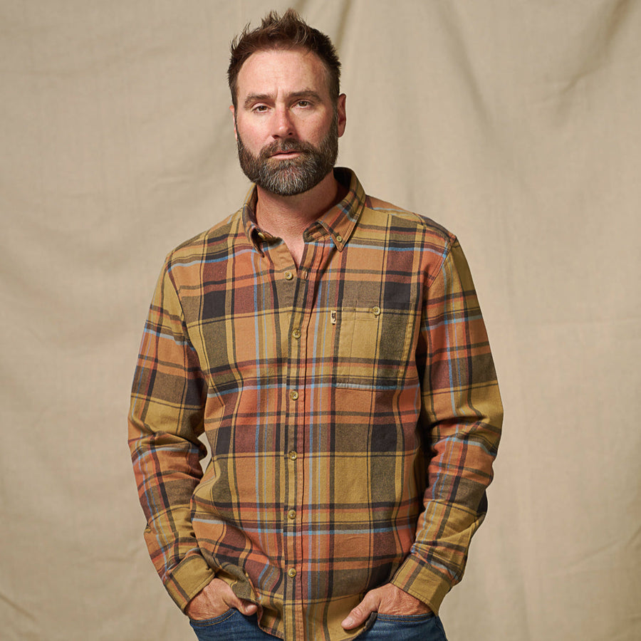Styled photo of Fairbanks Flannel Shirt Canyon Timber worn outdoors – lumberjack aesthetic in earth tones