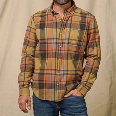 Fabric texture close-up Fairbanks Flannel Shirt Canyon Timber Plaid showing pre-washed softness and weave