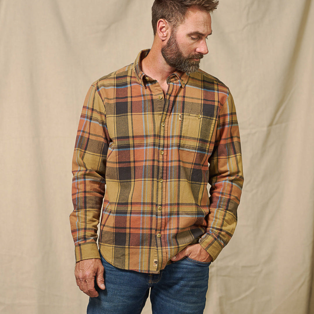 Fit display of Fairbanks Flannel Shirt Canyon Timber showing side profile and length