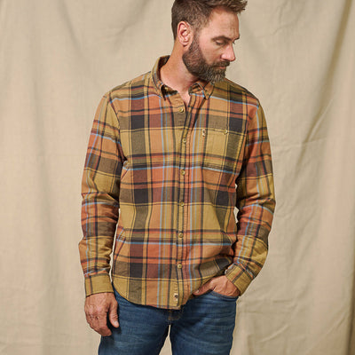 Fit display of Fairbanks Flannel Shirt Canyon Timber showing side profile and length