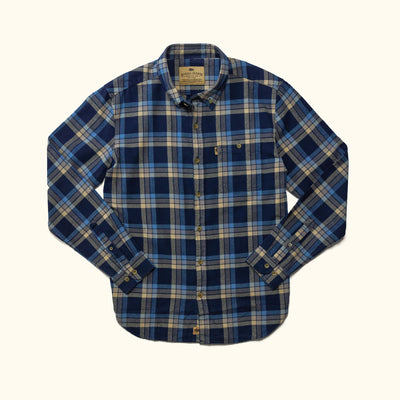 Fairbanks Flannel Shirt Navy Lake Plaid front view – midweight 100% cotton flannel shirt with muted navy and lake blue plaid pattern