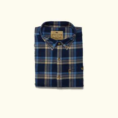 Fairbanks Flannel Shirt Navy Lake Plaid front view – midweight 100% cotton flannel shirt with muted navy and lake blue plaid pattern