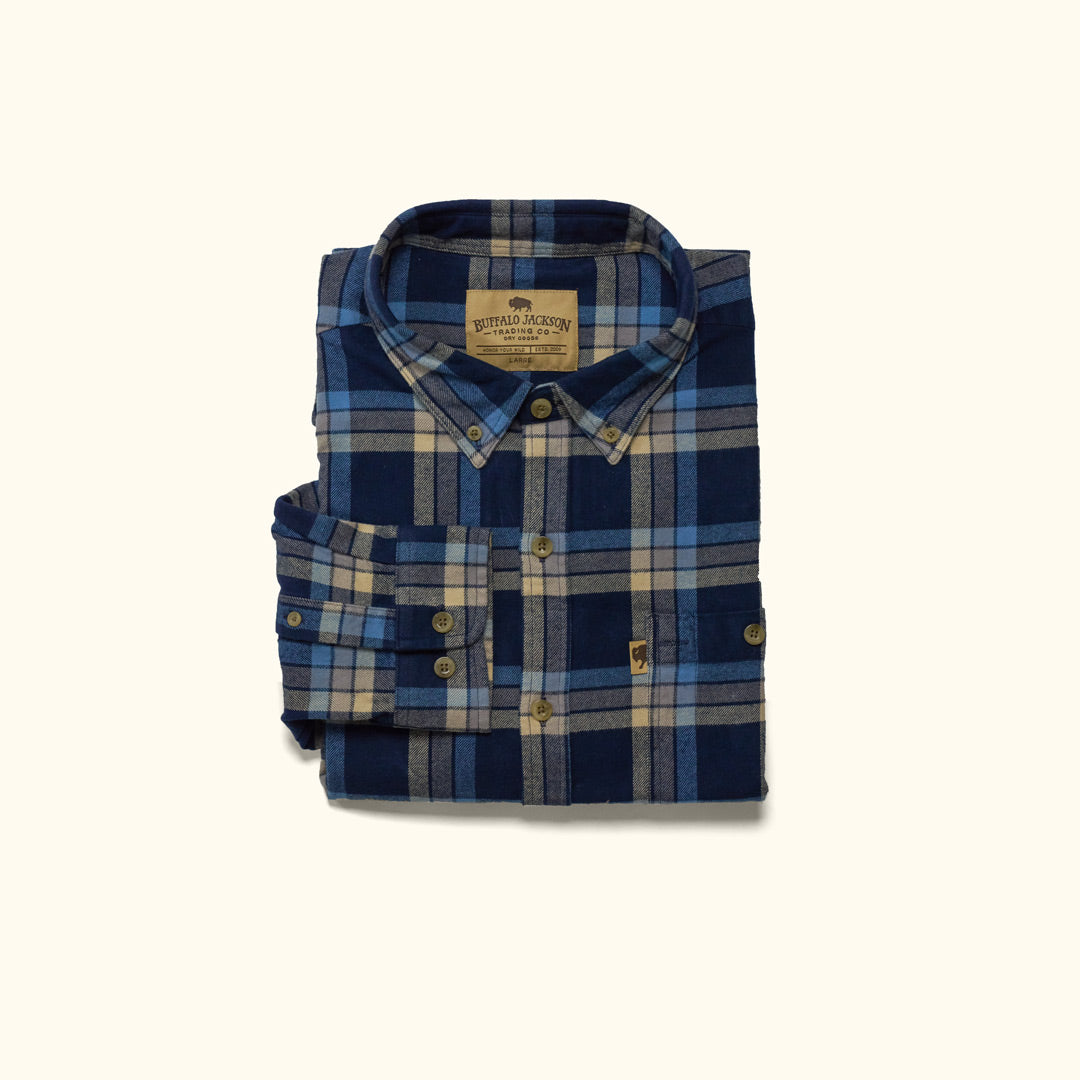 Fairbanks Flannel Shirt Navy Lake Plaid front view – midweight 100% cotton flannel shirt with muted navy and lake blue plaid pattern