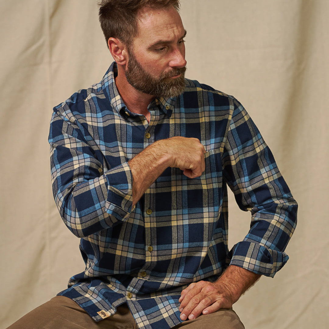 Buffalo Jackson Fairbanks Flannel shirt chest pocket close-up with carpenter pencil slot and stout buttons in navy lake plaid