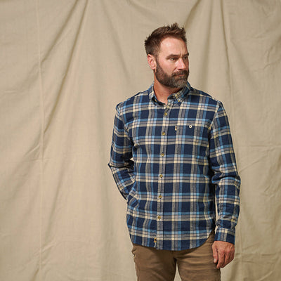 Fairbanks Flannel Shirt sizing display showing true to size fit chart naval lake plaid colorway