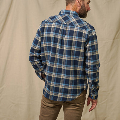 Back view of Fairbanks Flannel Shirt Navy Lake Plaid highlighting yoke and durable midweight cotton construction