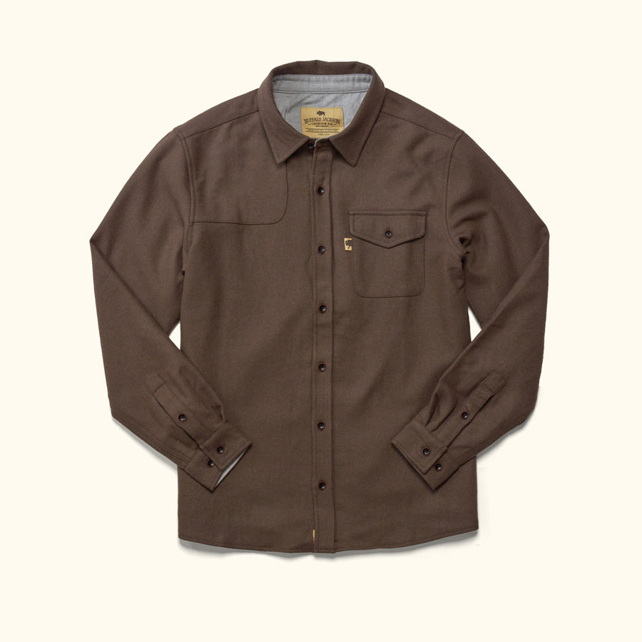 Fit display of Gunnison brown wool blend solid flannel shirt being worn – true to size drop-shoulder fit
