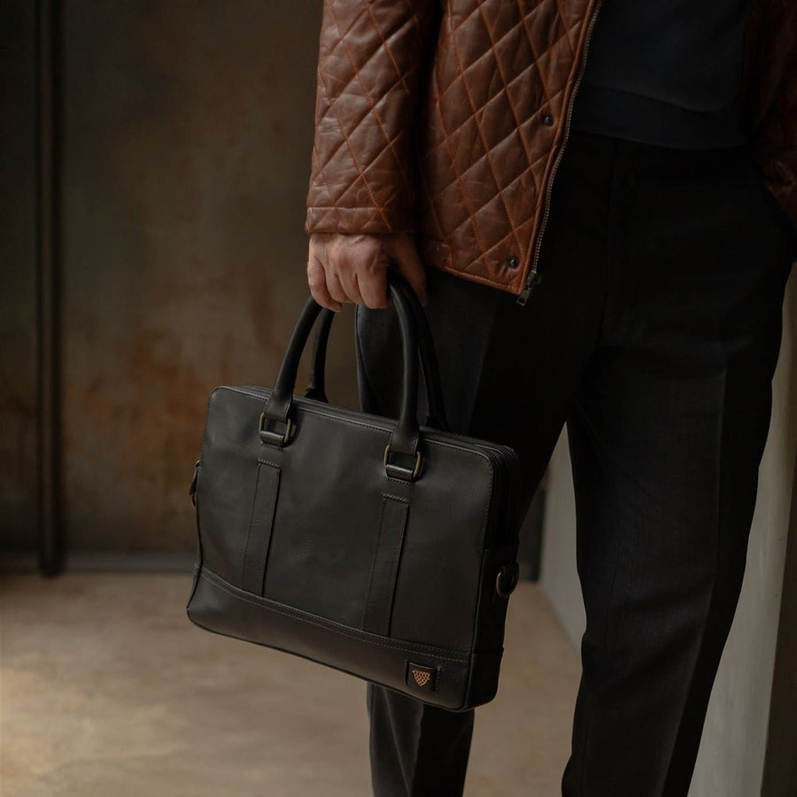 Jefferson Leather Attaché Briefcase in Vintage Black, front three-quarter view.