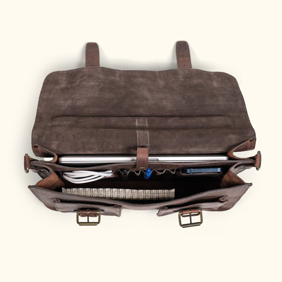 Inside the Roosevelt Leather Briefcase: suede lining, laptop sleeve, pen slots, and two compartments
