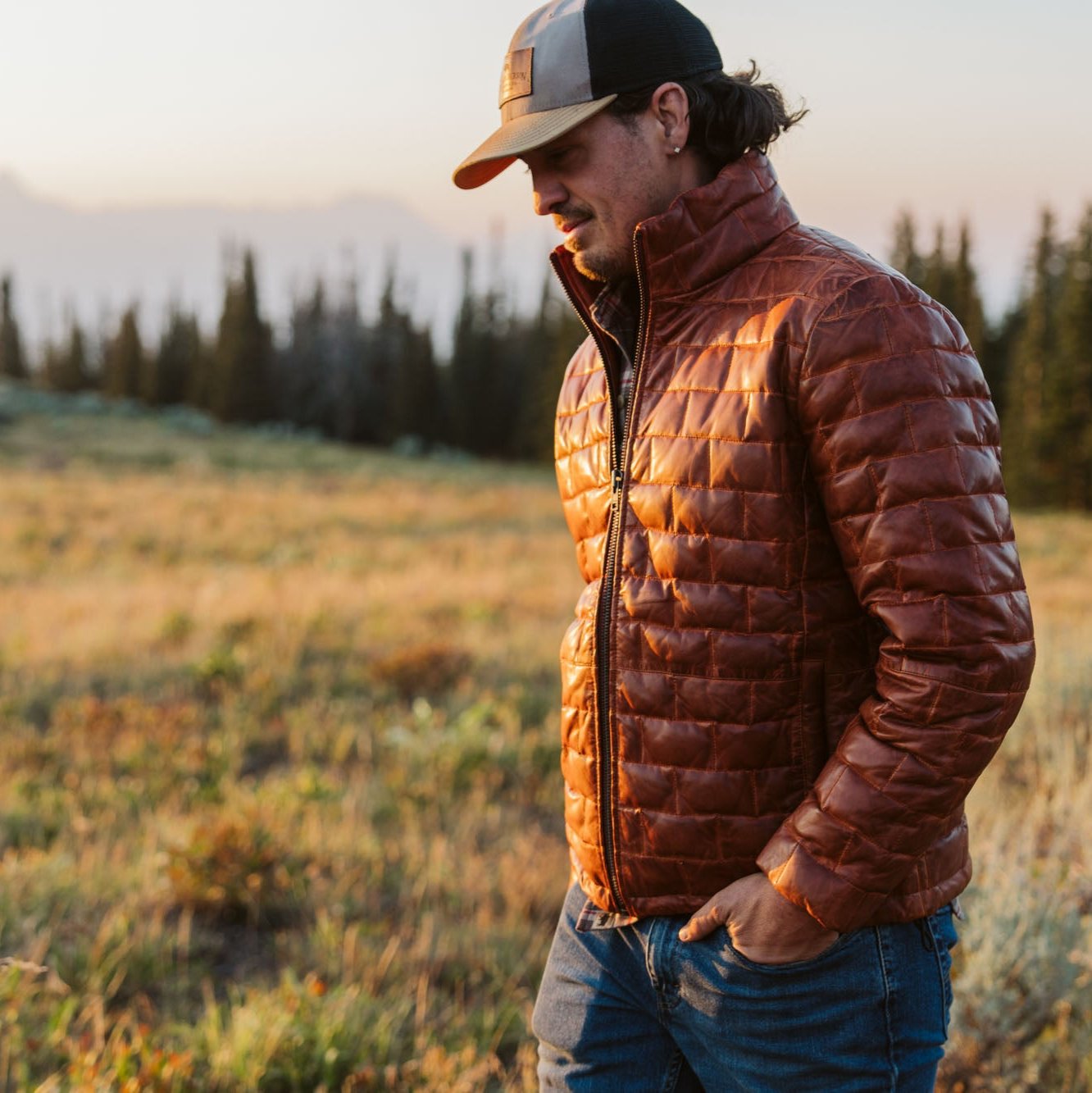 Leather Puffer Down Jacket Light Brown Buffalo Jackson