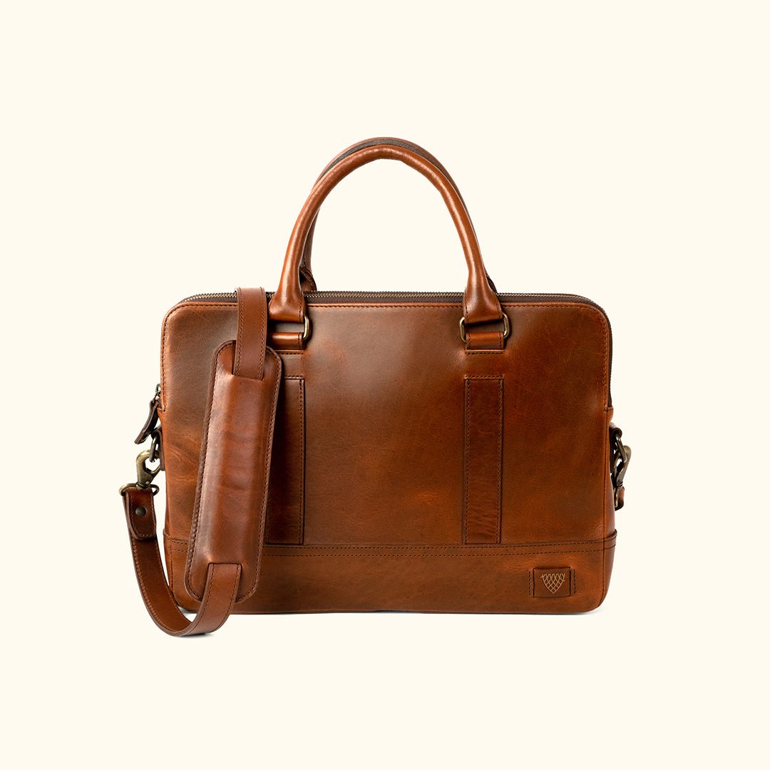 Jefferson Leather Attaché in Elderwood brown, a slim attaché case with two top handles and a detachable strap