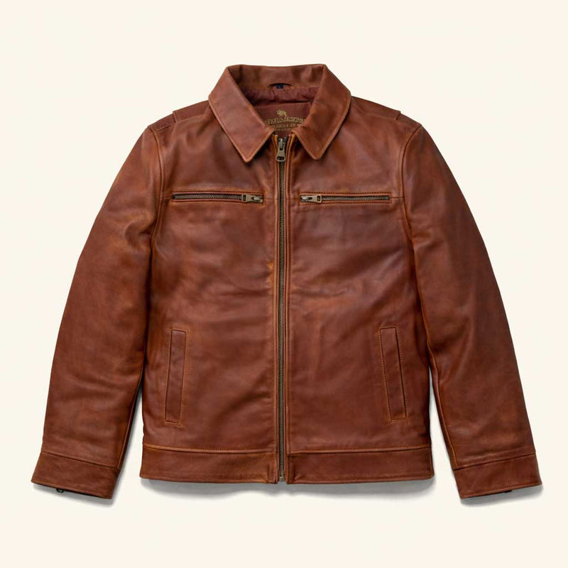 Buffalo Jackson Legacy Leather Jacket in whiskey brown full-grain cowhide with antique brass zippers, an heirloom third anniversary gift for him
