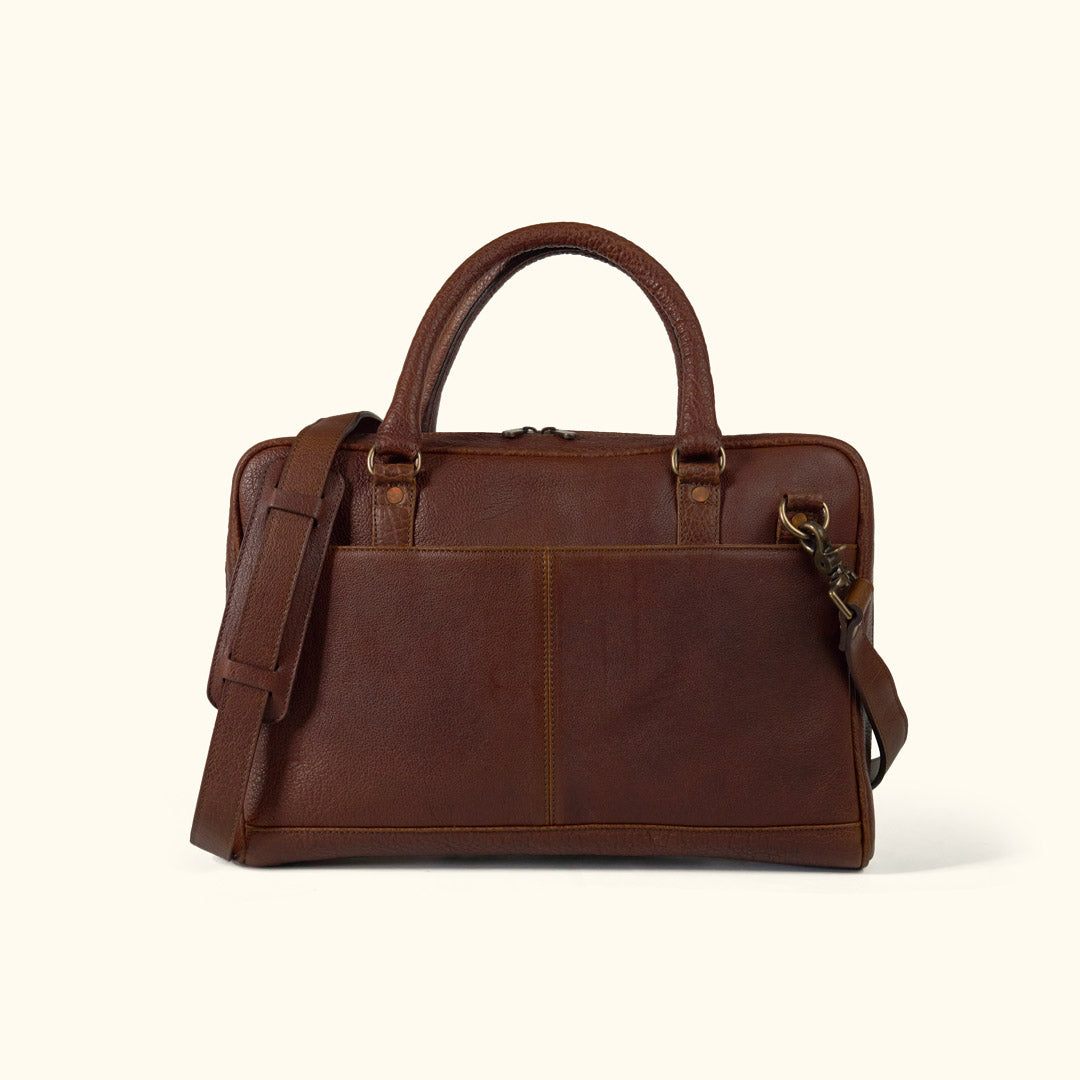 Side View - Laptop Leather Briefcase with Handles and Detachable Strap