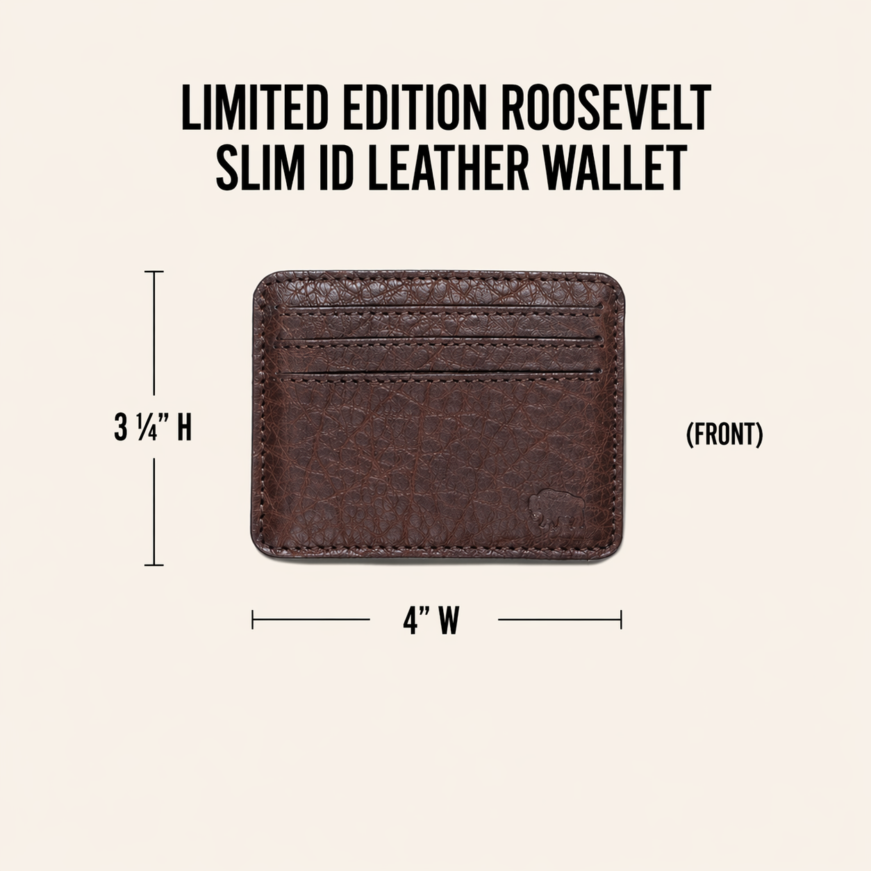 Roosevelt slim leather wallet size chart — 4 inches wide by 3.25 inches tall