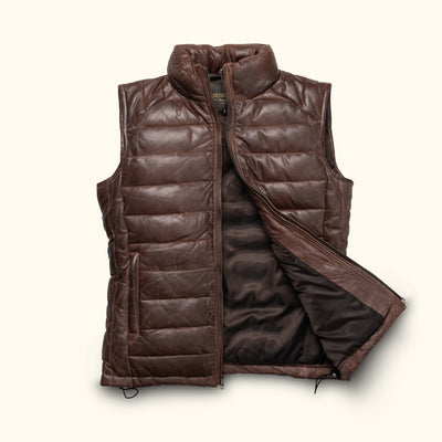 Men's Down Vest - Leather in Dark Brown